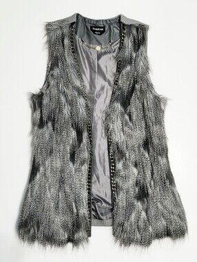 bebe Silver Gray Faux Fur Chain-Trim Vest size M